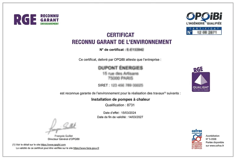 Exemple de certificat RGE délivré par OPQIBI / Qualibat